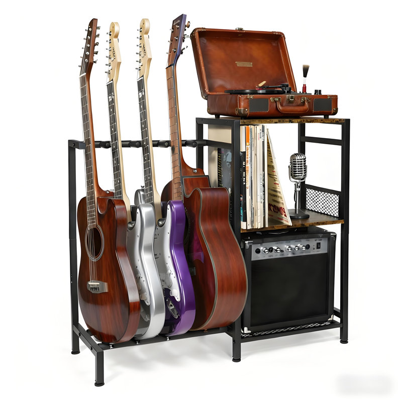 Support pour guitare avec plusieurs supports de rangement pour disques vinyle, support de plancher pour guitare avec tablette de rangement à 3 niveaux pour étuis pour guitare, basse, électrique et guitare. (Deux méthodes d'installation)