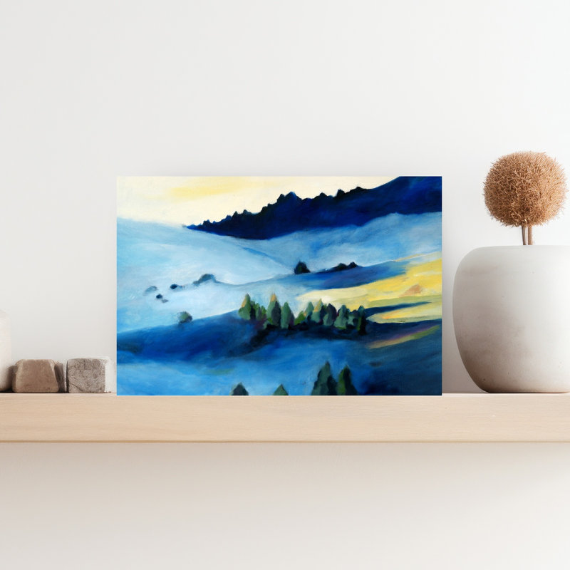 «Misty Blue Mountainscape Colorful Rustic Abstract Forest Landscape Art», art mural, H 12 po x l 18 po