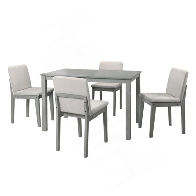 Grey Finish 5Pc Dining Room Set Dining Table 4X Chairs Beige Fabric Chair Seat Kitchen Breakfast Dining Room Furniture Rubberwood Veneer Unique Design