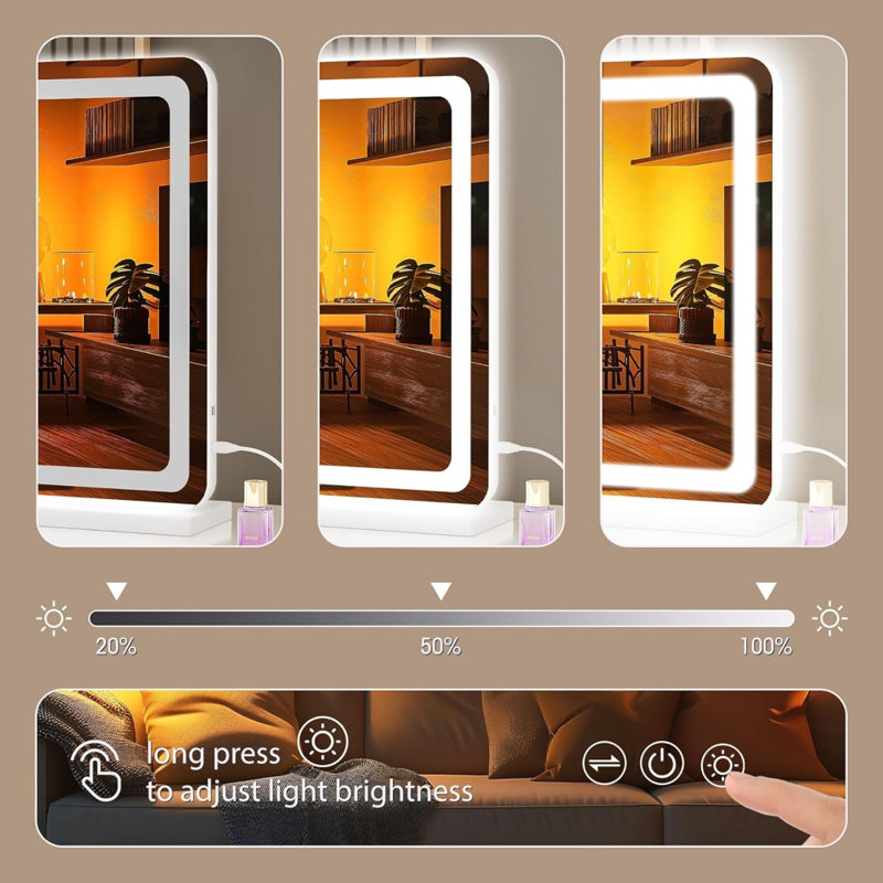 Miroir de salle de bain 31,5 "x 20" à DEL avec 3 modes de couleurs à intensité variable, commande à écran tactile, fixation murale ou de table, finition blanche
