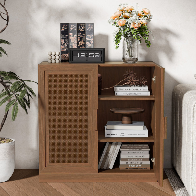 Rattan Storage Cabinet with Adjustable Shelves, 31" H x 31" W x 16" D, Walnut