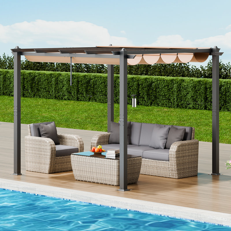 Pergola d'extérieur rétractable avec auvent en aluminium, H 90,55 po x l 116,93 po x P 116,93 po, Beige