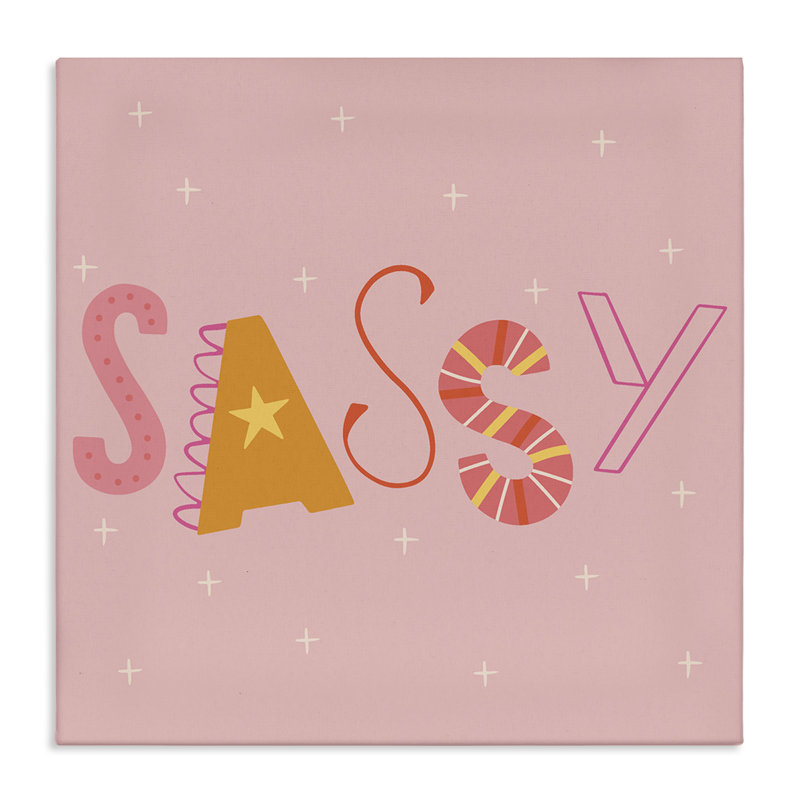 Toile typographique rose et jaune Sassy, design par Sazerelli Designs, H 17 po x l 17 po