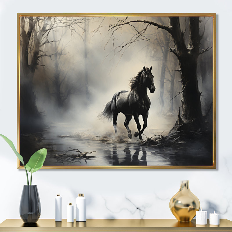 «Gray Horse Misty Morning Canter I», art mural encadré, Cadre flottant doré, H 12 po x l 20 po x P 1 po