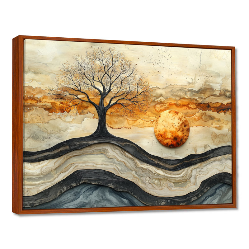 Abstrait arbres d'hiver sur une rivière en bois cristal - arbre de vie, art mural, H 16 po x l 32 po, Floater Framed, Brun