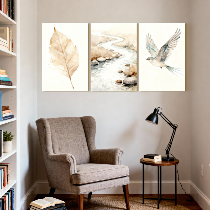Ensemble de 3 tableaux muraux sur toile tendue, motif aquarelle de feuilles et d'oiseaux, H 36 po x l 72 po