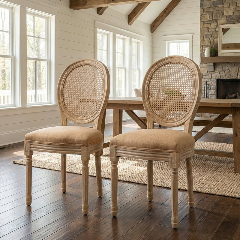 Chaises de salle à manger d'inspiration rétro avec structure en bois massif - dossier en rotin, tissu en lin, ensemble de 2