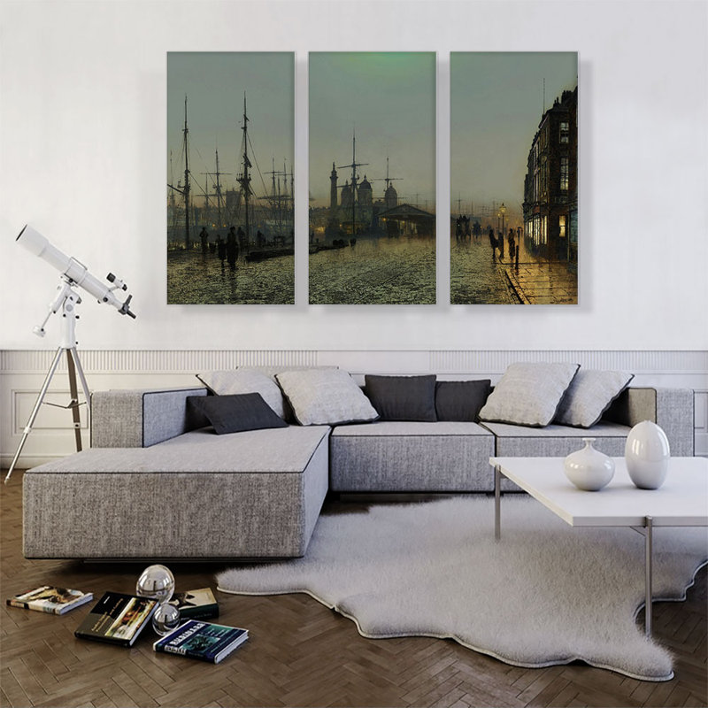 " Hull Docks At Night 1880 " by John Atkinson Grimshaw 3 - Pieces Painting Print, 40" H x 60" W x 0.75" D