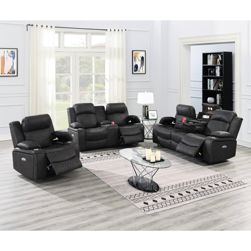 Fauteuil inclinable contemporain en gel électrique gris anthracite avec accoudoirs de rangement et porte-gobelet pour le salon