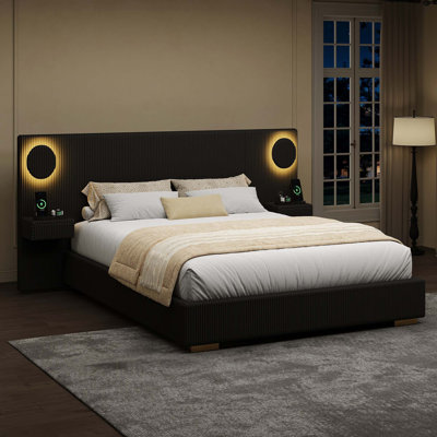 Modern Upholstered Platform Bed with Integrated LED Circle Lights and USB Charging Function