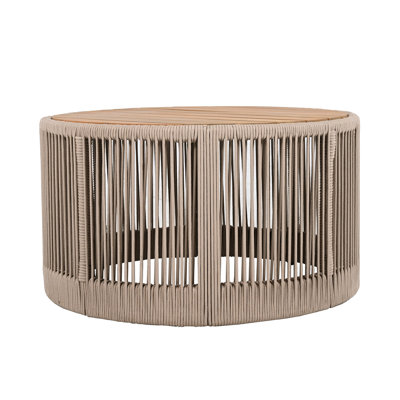 Outdoor Rattan Rope & Acacia Wood Coffee Table - Patio Balcony Furniture For Garden, Yard, Balcony - Weather Resistant(Rope Beige, Natural Iron)