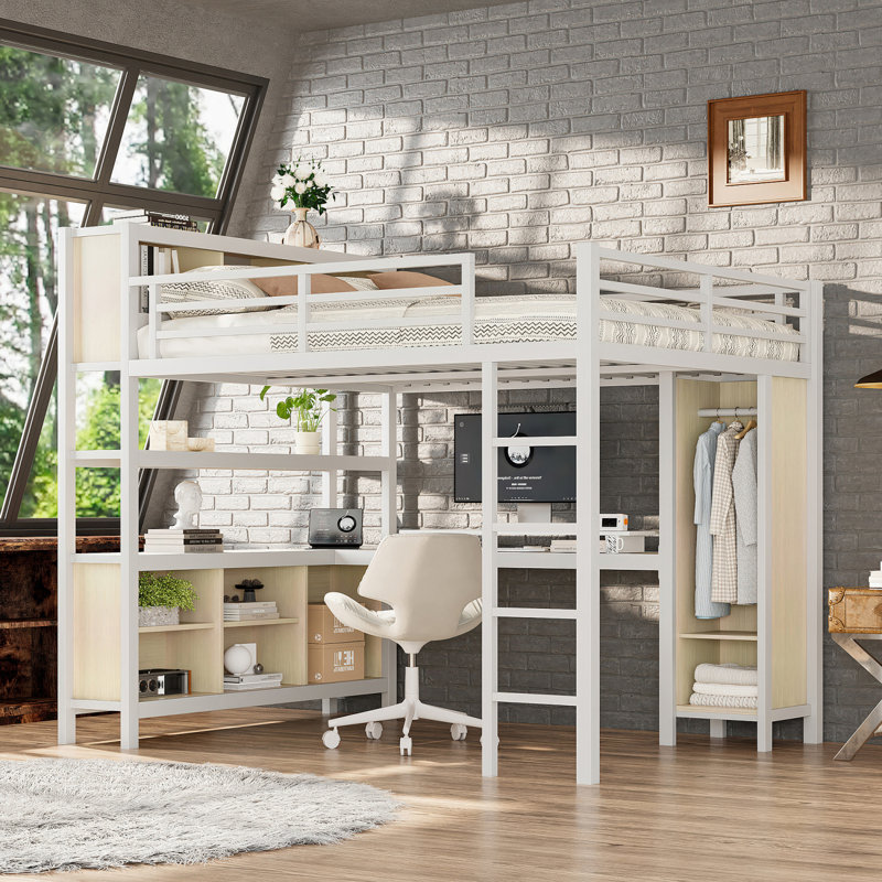 Grand lit mezzanine avec garde-robe, bureau et tablettes de rangement, Blanc