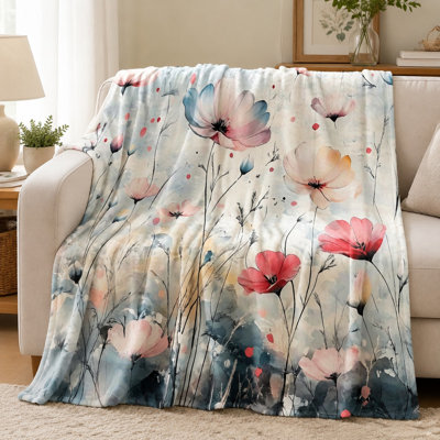 Cozy Flannel Fleece Throw Blanket - Watercolor Flower Wildflower Floral Pattern, Vibrant Multi‑Color, Soft, Lightweight, Breathable, All‑Season, Skin‑Friendly, Machine Washable, Decorative, for Sofa, Couch, Living Room and Bedroom