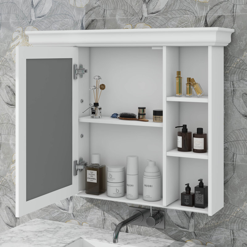 Armoire de rangement murale contemporaine 35 po x 28 po avec porte miroir et 6 tablettes ouvertes, Blanc