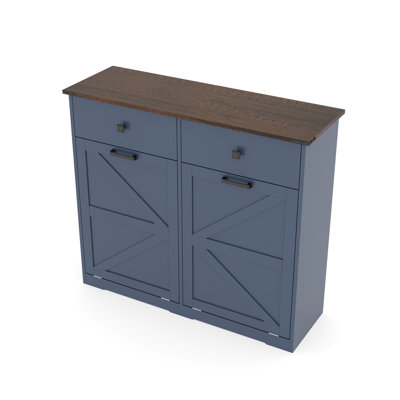 20 Gallon Blue Recycling Cabinet, Space - Saving And Hidden In Office, Barn Door Style With Smooth Hinges 2 Storage Drawers Double Trash Cabinet For Capacity, Odor , Elegant Metal Handles