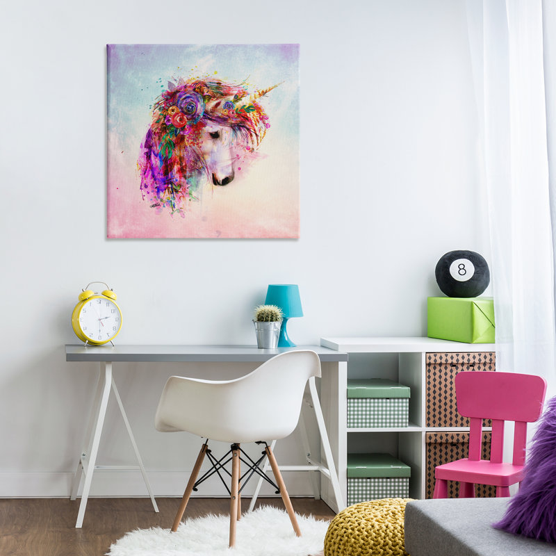 Art abstrait sur toile avec licorne abstraite et fleurs par Sally Kaye Barlow / Makaio Design, H 30 po x l 30 po