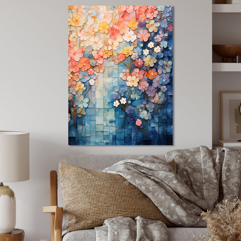 «Blue Japon Blooming Tree Landscape», art mural floral abstrait en métal, H 32 po x l 16 po x P 1 po