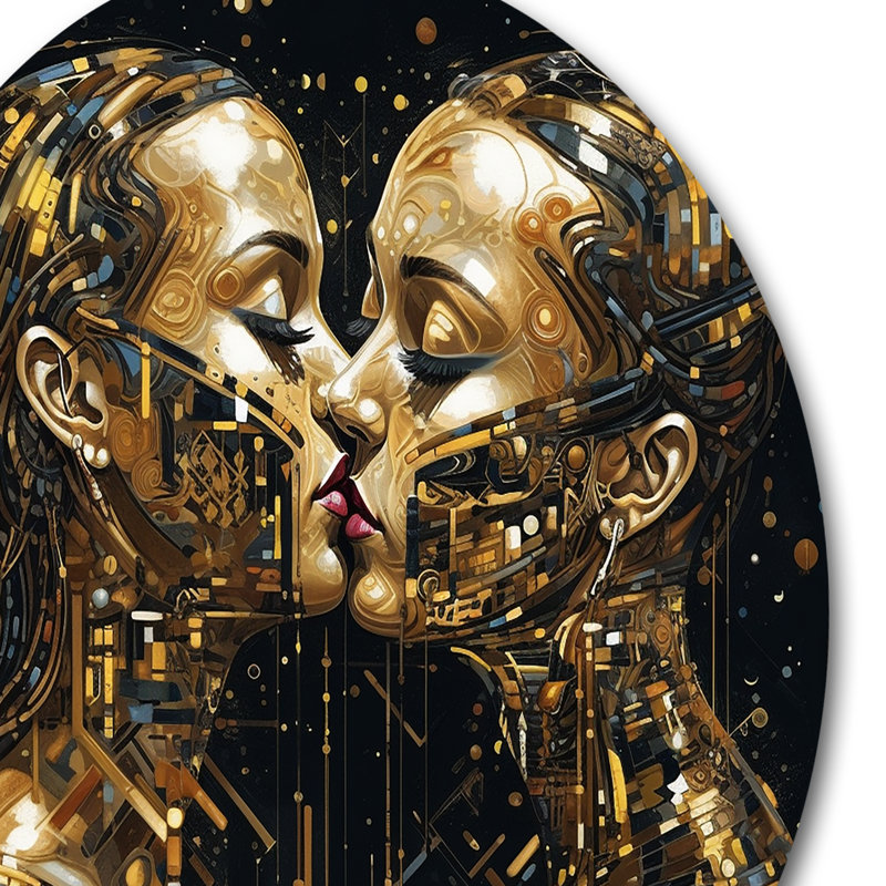 Acrylique Couple s'embrassant I - Art mural rond abstrait en marbre sur métal, H 36 po x l 36 po x P 1 po