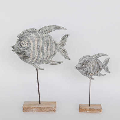 Set Of 2 Wooden Fish On A Base Figurines