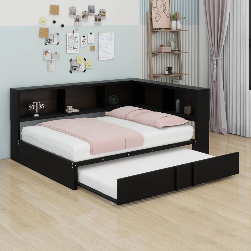 Lit de jour pleine grandeur avec lit gigogne et armoires de rangement, structure de lit d'angle en forme de L en métal avec ports USB