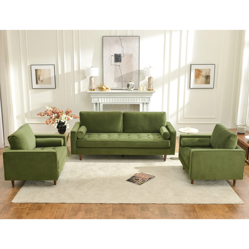 Ensemble de salon 3 pièces capitonné, Velours vert olive