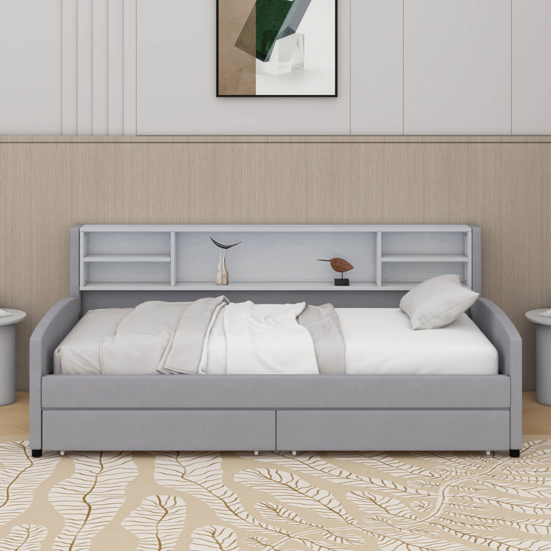Lit plateforme simple tapissier avec tiroirs, Gris