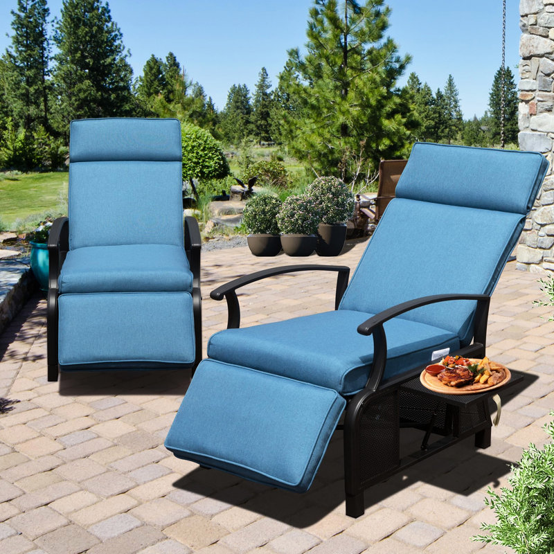 Fauteuil inclinable d'extérieur avec structure en métal et table pliante, bleu marine, capacité de soutien de 350 lb