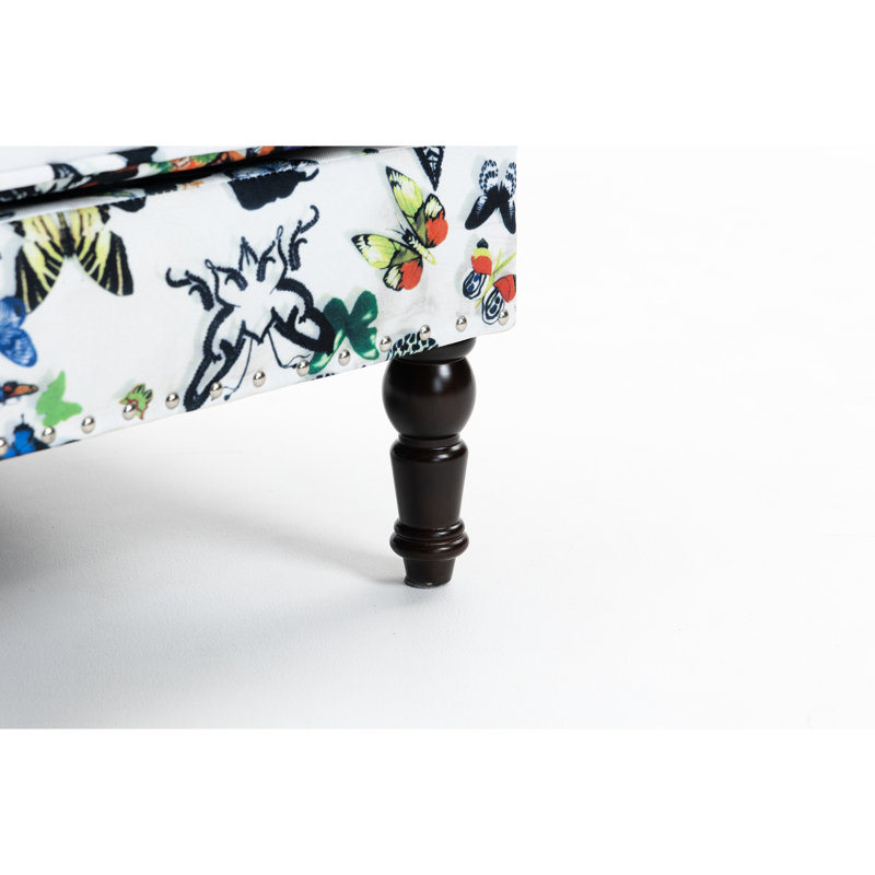 Fauteuil d'appoint confortable en lin à motif papillon, garni de clous décoratifs, garni de mousse haute densité, structure en bois massif, motif bleu et blanc, pour le salon, profondeur 67,3 cm, hauteur 88,6 cm, poids 15,8 kg, largeur intemporelle