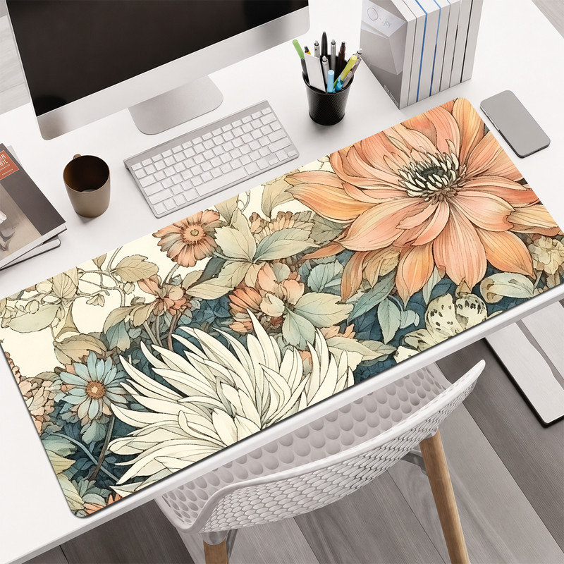 Tapis de souris en caoutchouc, surface lisse en microfibre, base antidérapante, bords arrondis, idéal pour le bureau et les jeux, 43 x 119 cm, motif botanique pêche.