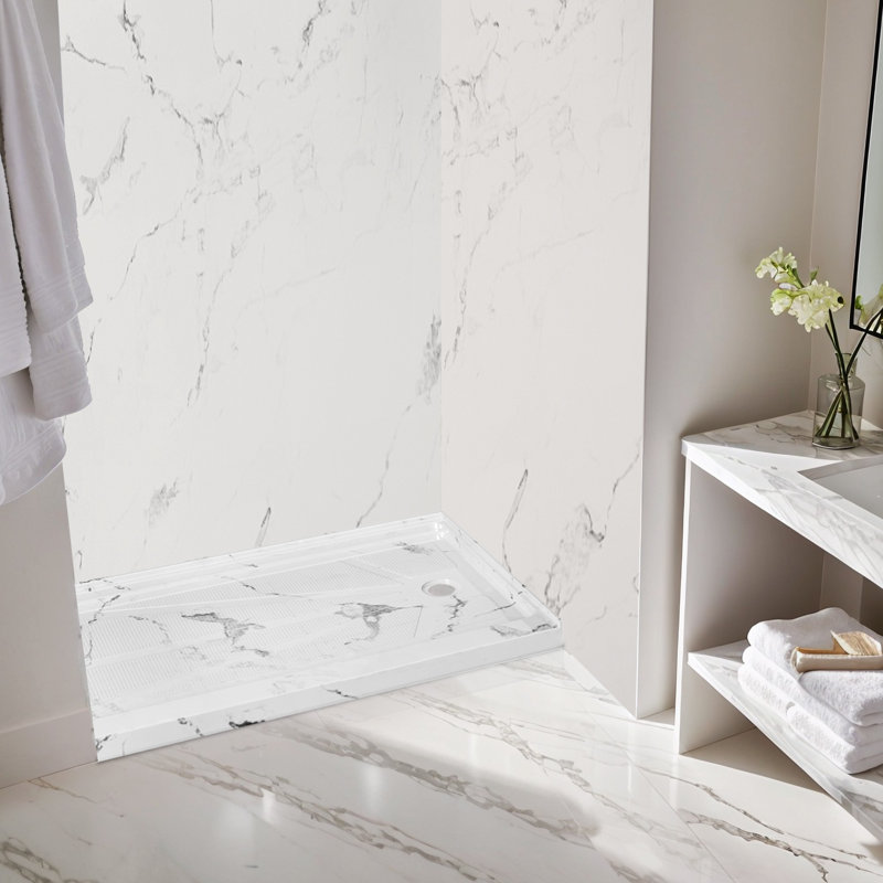 60'' W 30'' D Rectangular Single Shower Base, Marble White