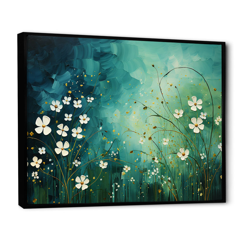 Symphonie d'herbes blanches et vertes sur toile, Cadre flottant noir, H 34 po x l 44 po
