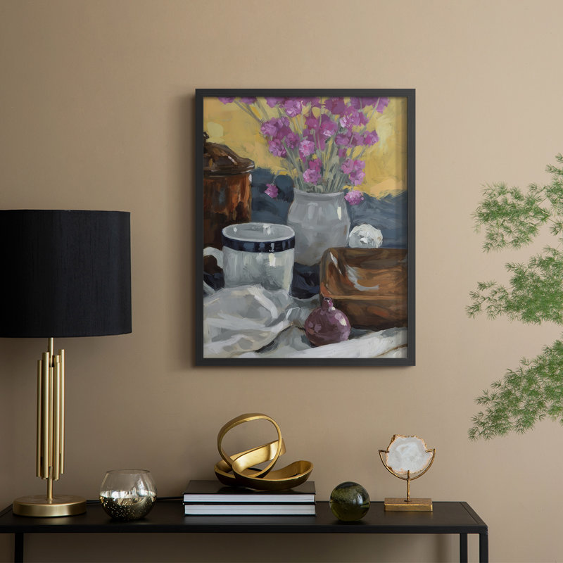 Nature morte avec fleurs séchées II, reproduction encadrée - bois massif, Noir, noir, noir, noir, H 11 po x l 9 po