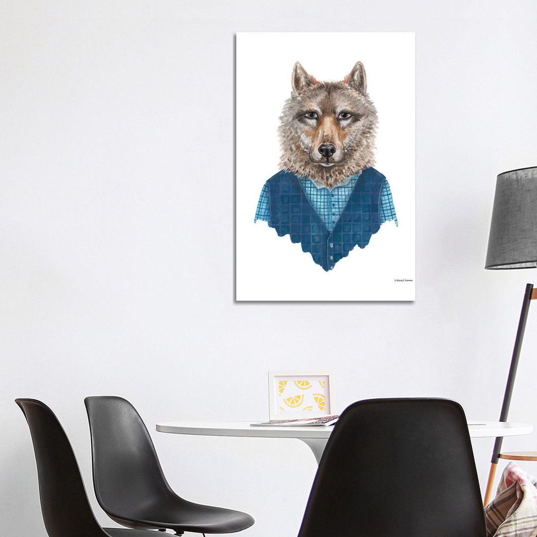 Wolf In Waistcoat von Rachel Nieman - Galerie-verpackte Leinwand Giclée auf Leinwand