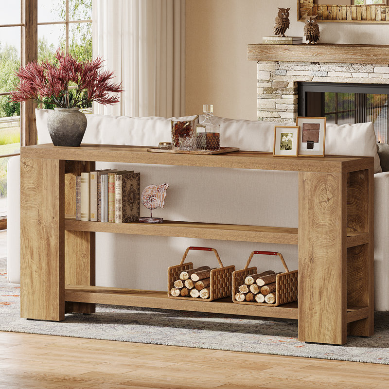 70-Inch Long Entry Console Table with Storage, Narrow Sofa Table Behind Couch, Natural