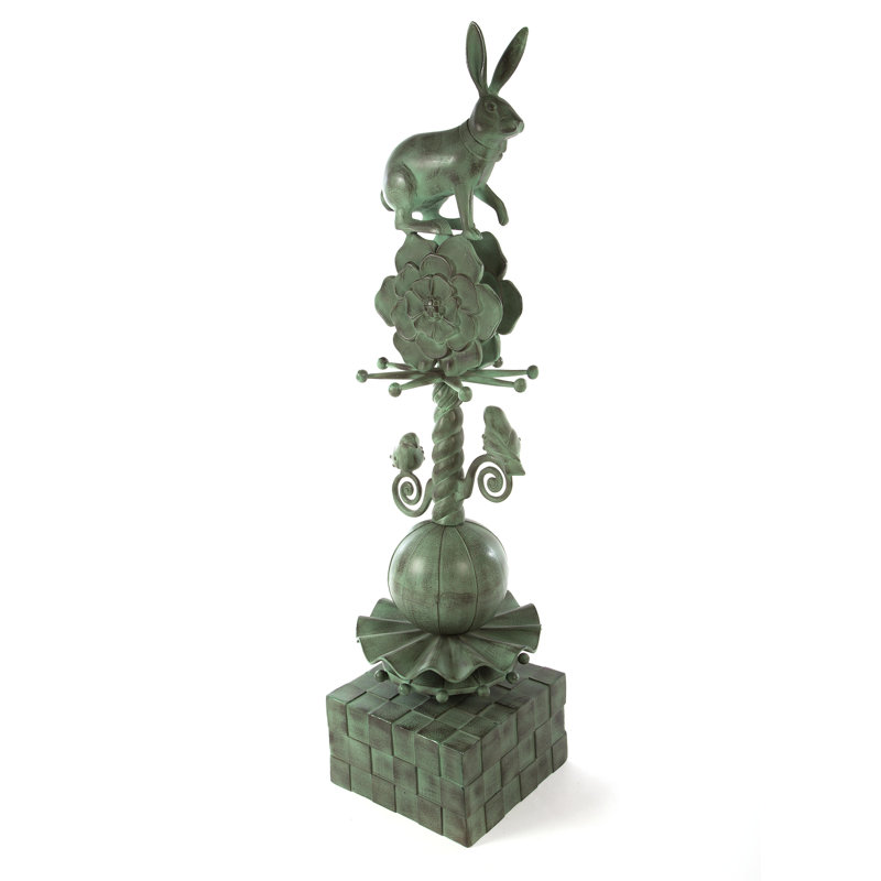 Verdigris Patina Rabbit Garden Totem with Birds and Blossom