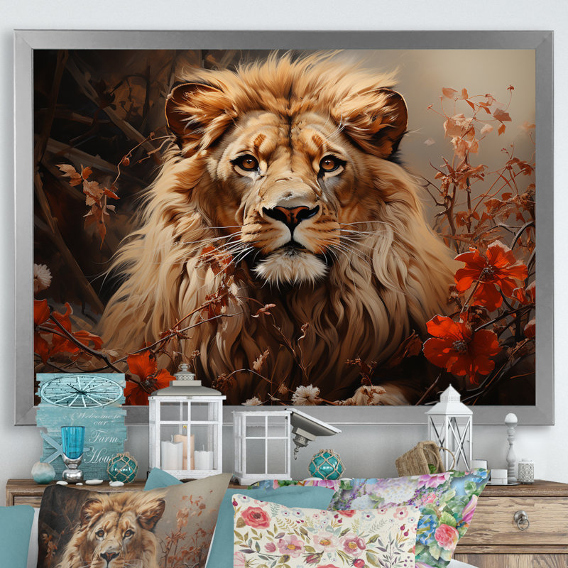«Lion Wilderness Symphony» sur toile, Cadre simple argenté, H 24 po x l 32 po x P 1 po