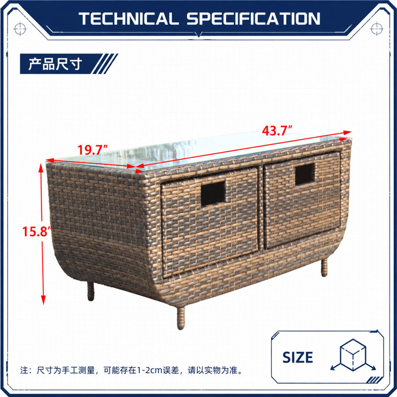 Table basse robuste en verre trempé avec cadre en rotin de polyéthylène durable et structure en acier, table d'appoint résistante à l'eau et aux rayons UV, capacité de poids de 150 lb