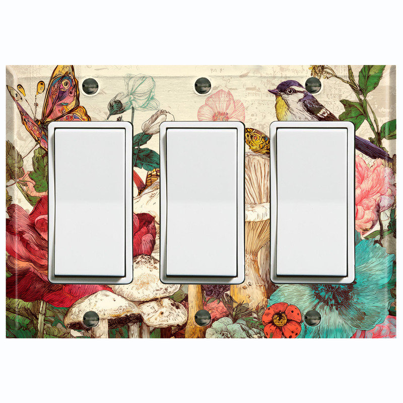 Couvercle de plaque d'interrupteur en métal; Taille US standard - art populaire botanique, Triple GFI / berçant # 7