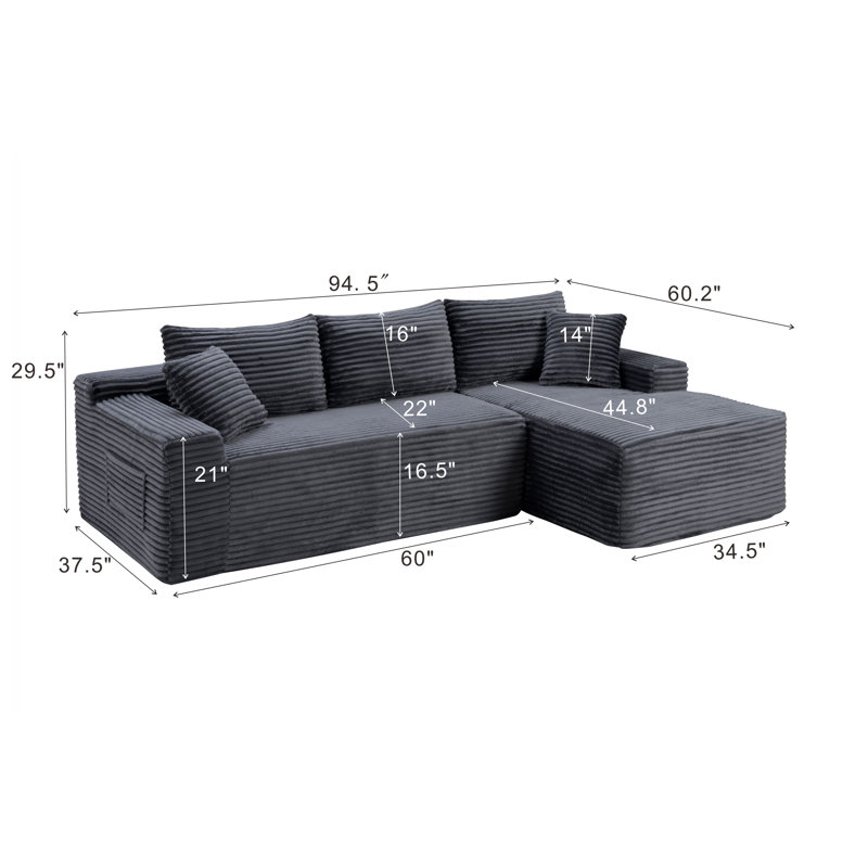 Canapé modulaire en velours côtelé 94,5 po Jumbo, Gris, Face à la droite