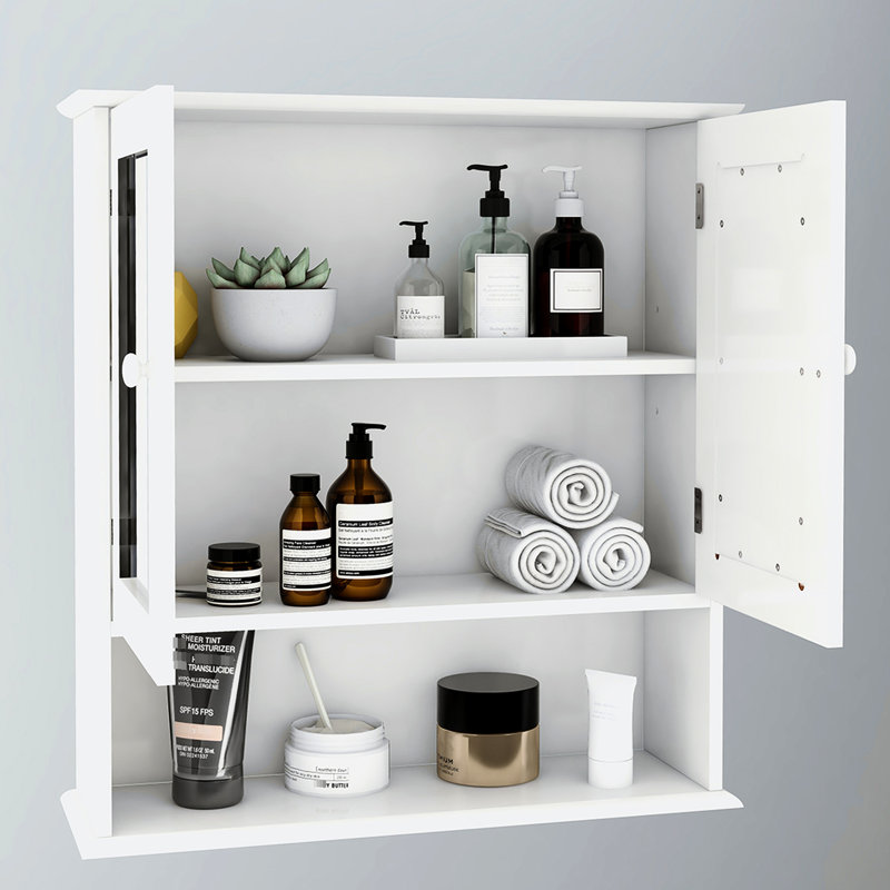 Armoire de salle de bain avec portes à double miroir et tablettes - Options de tablettes réglables peintes en blanc et peu encombrantes à assembler