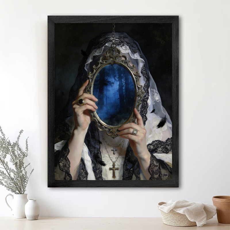 Art mural rétro noir et mystérieux, fantôme dans le miroir, H 11 po x l 9 po