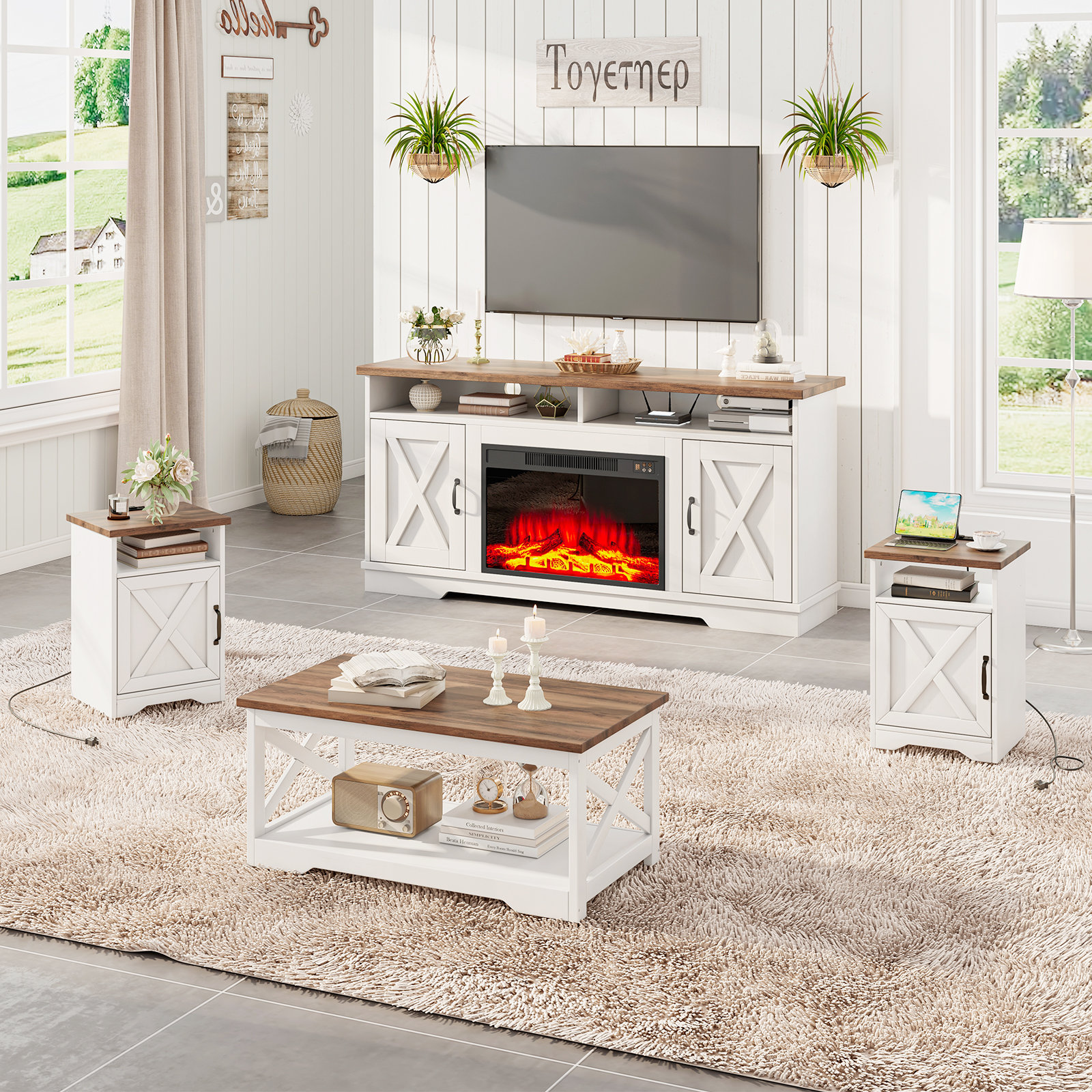 Farmhouse Tv Stand Fireplace AMERLIFE 5-Piece Farmhouse Living