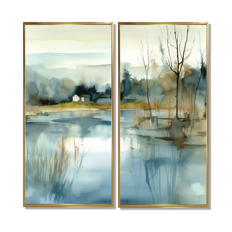 Été lac paysage Illustration V - grand lac art mural 2 panneaux, 40" H x 40" W, Impression encadrée flottante, Gold