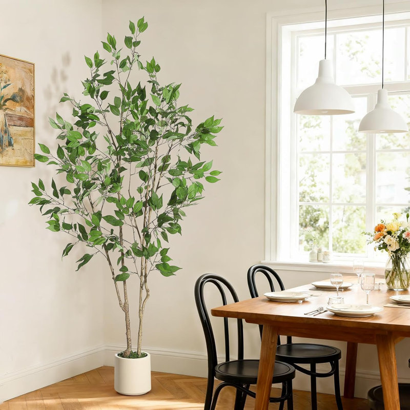 Ficus arbres artificiels d'intérieur, 6 pieds de grand ficus artificiel avec jardinière blanche et fausse mousse verte, plantes artificielles avec tronc en bois naturel et fruits réalistes pour la décoration de bureau personnel
