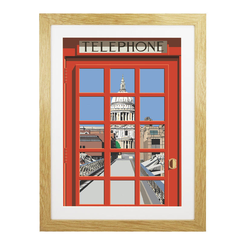 London Telephone Box 13 - Print, 50cm H x 40cm W x 3cm D, Oak Framed