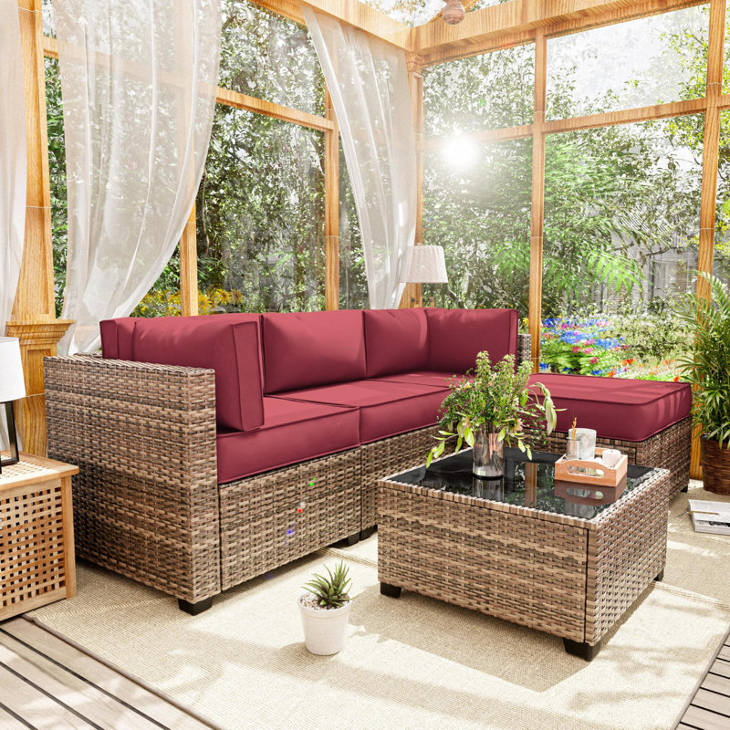 9-Piece Outdoor Replacement Cushion Set Seat/Back Cushion (Set Of 3 Seats , 5 Backs,  1 Footrest), Fuchsia Red