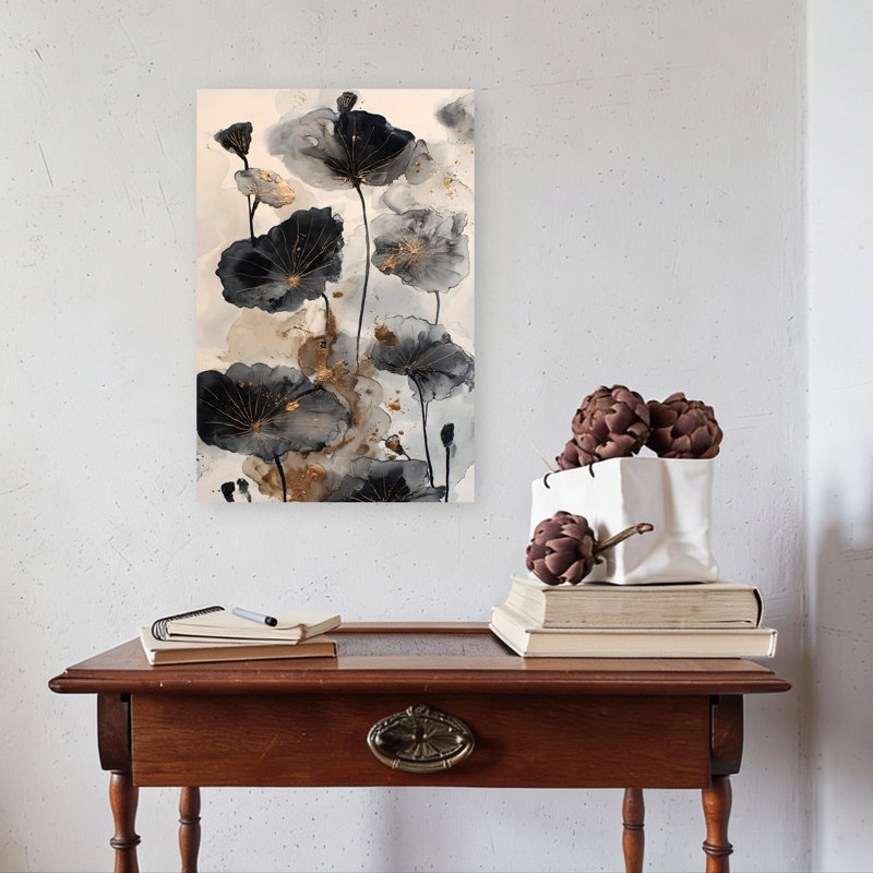 Golden Lotus Bloom Abstract Contemporary Delicate Lotus Flower Landscape Wall Art Print, 60.96cm H x 40.64cm W