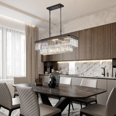 11-Light Double-Layer Rectangular K9 Crystal Chandelier in Black Finish - Linear Cascade Pendant for Dining Room