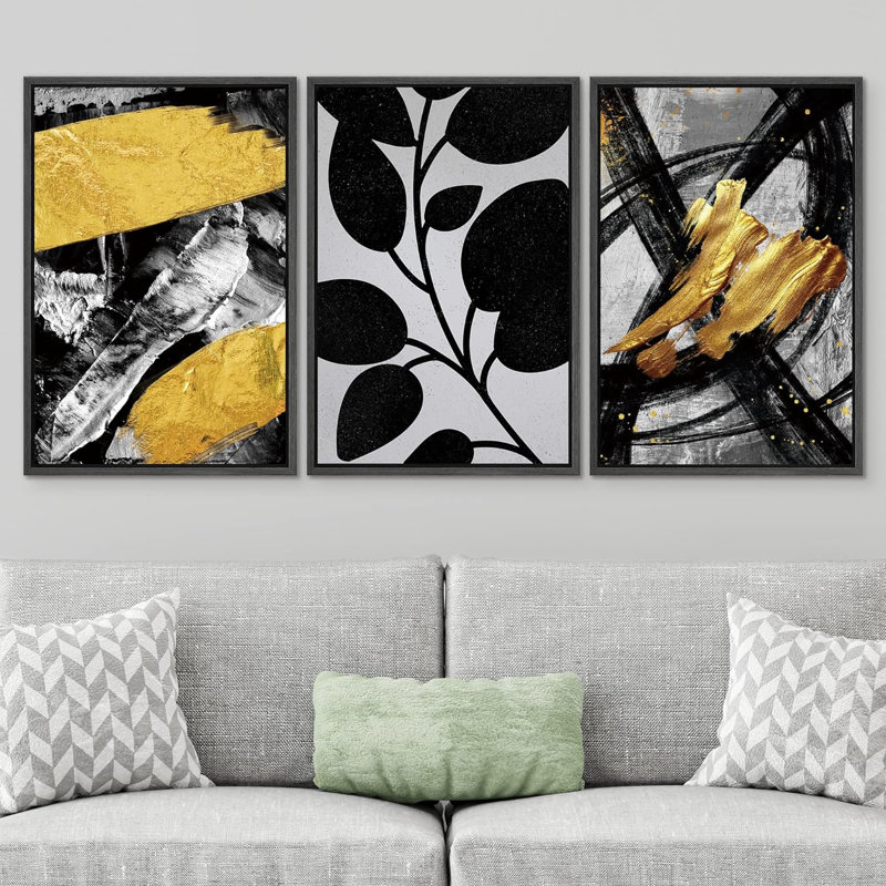 " Black & Gold Paint Collage With Jungle Leaves Abstract Shape Illustration Modern Art Chic " 3 - Pieces, Noir