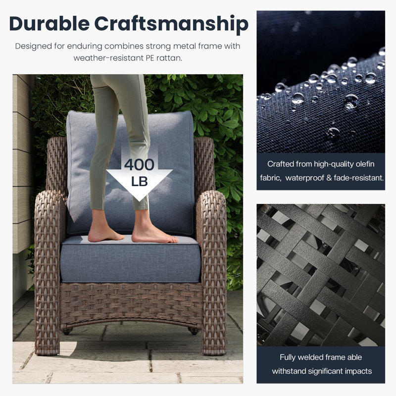 Metal Outdoor Lounge Chair, Brown, Navy